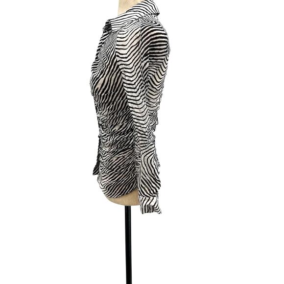 Tanya Taylor Shirt Top Blouse Button Down Ruched Zebra Print Silk Size 2 - Picture 5 of 13
